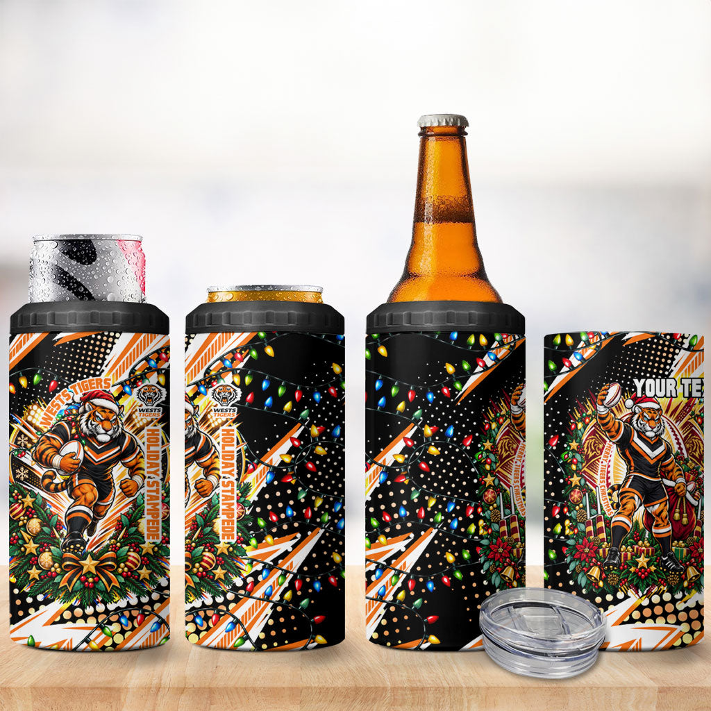 Personalized Wests Tigers Rugby Christmas 4 in 1 Can Cooler Tumbler Holiday Mascot Graphic Art Festive Lights Bow