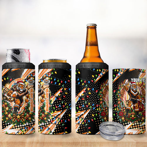 Personalized Wests Tigers Rugby Christmas 4 in 1 Can Cooler Tumbler Holiday Mascot Graphic Art Festive Lights Bow
