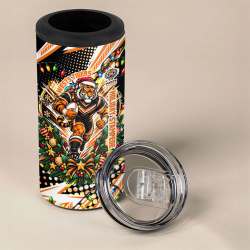Personalized Wests Tigers Rugby Christmas 4 in 1 Can Cooler Tumbler Holiday Mascot Graphic Art Festive Lights Bow