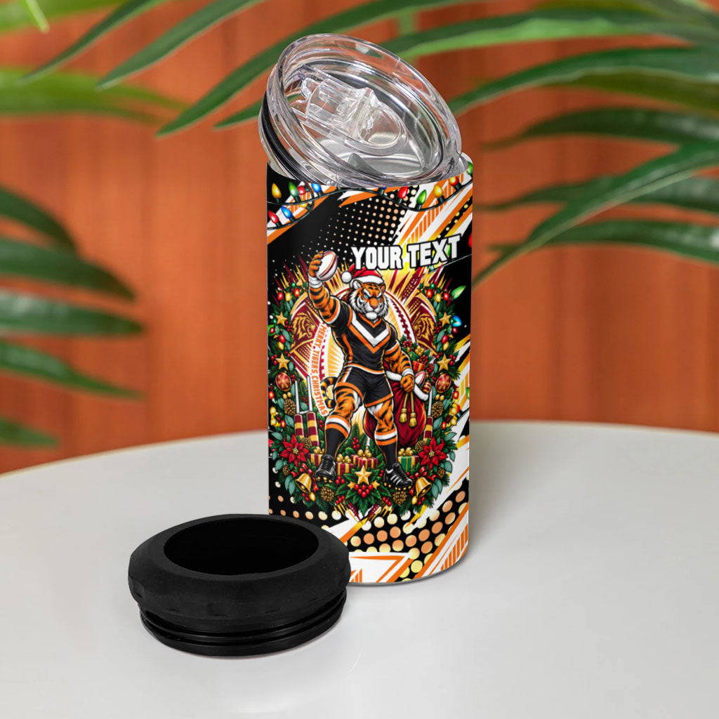 Personalized Wests Tigers Rugby Christmas 4 in 1 Can Cooler Tumbler Holiday Mascot Graphic Art Festive Lights Bow