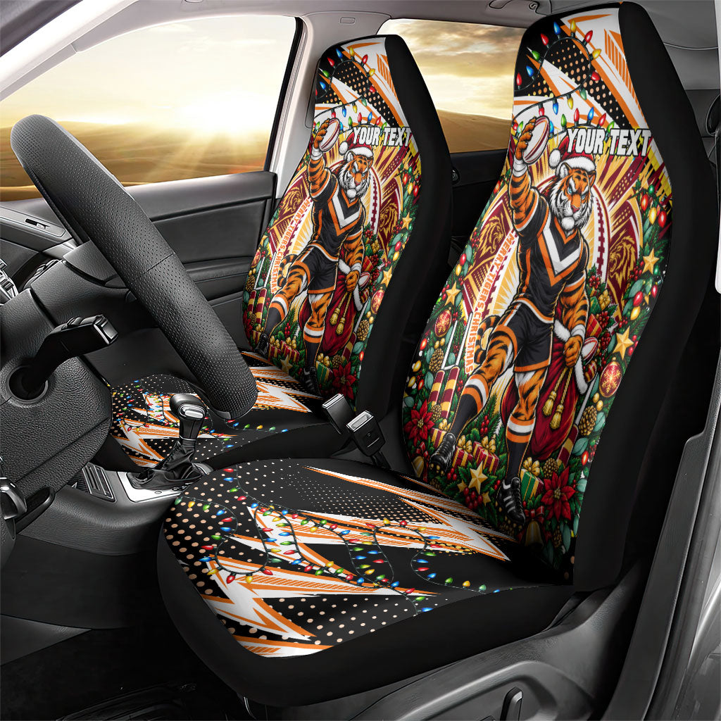 Personalized Wests Tigers Rugby Christmas Car Seat Cover Holiday Mascot Graphic Art Festive Lights Bow