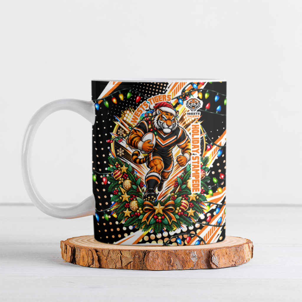 Personalized Wests Tigers Rugby Christmas Ceramic Mug Holiday Mascot Graphic Art Festive Lights Bow