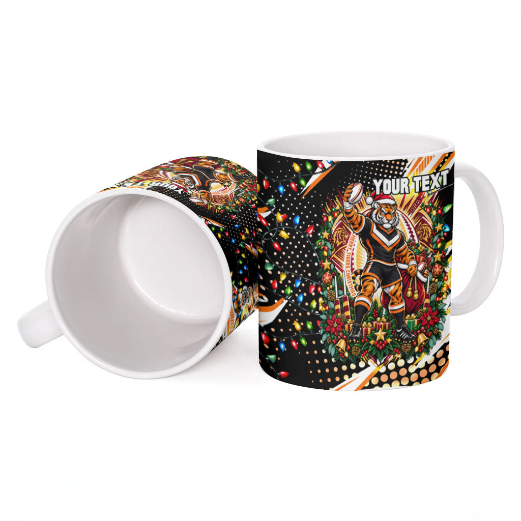Personalized Wests Tigers Rugby Christmas Ceramic Mug Holiday Mascot Graphic Art Festive Lights Bow