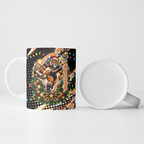 Personalized Wests Tigers Rugby Christmas Ceramic Mug Holiday Mascot Graphic Art Festive Lights Bow