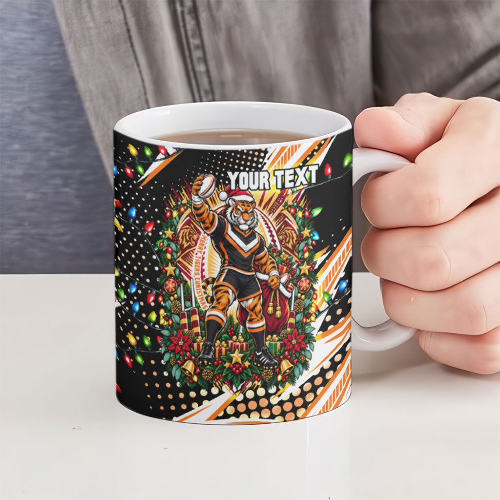 Personalized Wests Tigers Rugby Christmas Ceramic Mug Holiday Mascot Graphic Art Festive Lights Bow