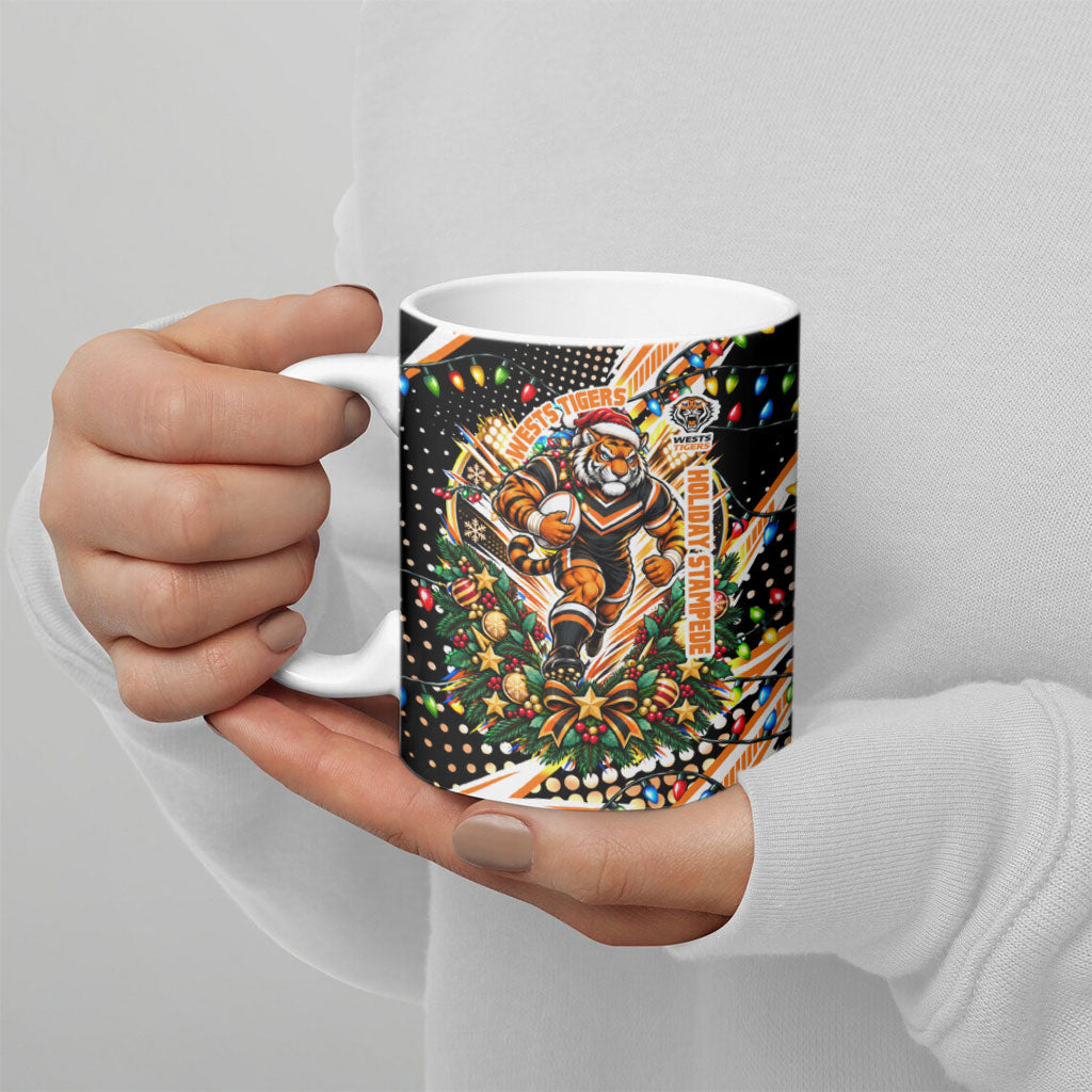 Personalized Wests Tigers Rugby Christmas Ceramic Mug Holiday Mascot Graphic Art Festive Lights Bow