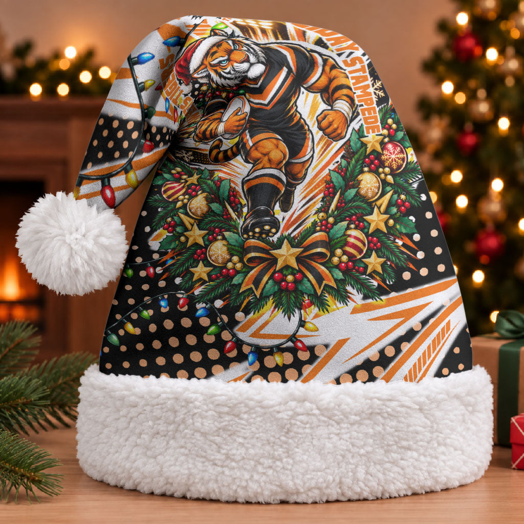 Wests Tigers Rugby Christmas Santa Hat Holiday Mascot Graphic Art Festive Lights Bow