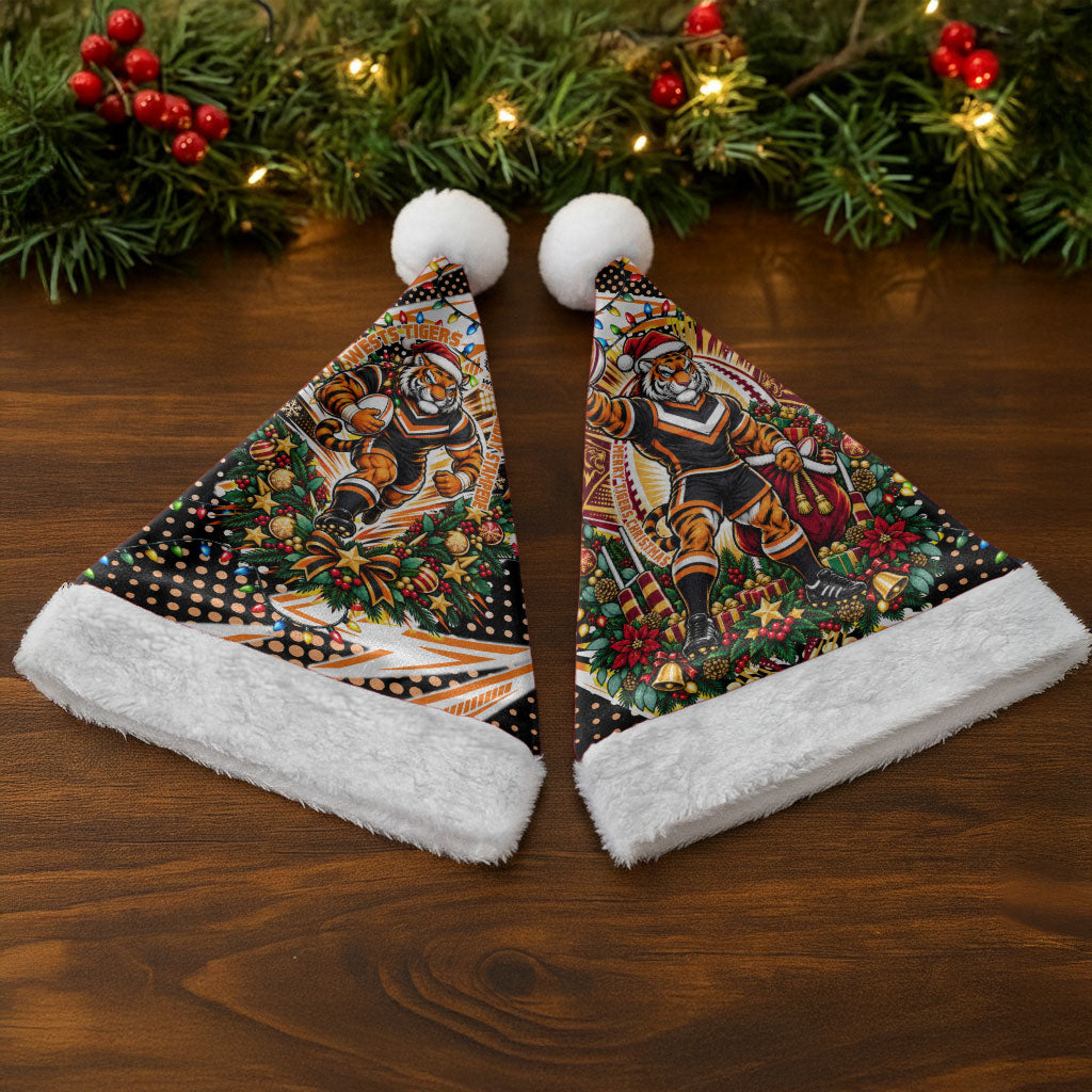Wests Tigers Rugby Christmas Santa Hat Holiday Mascot Graphic Art Festive Lights Bow