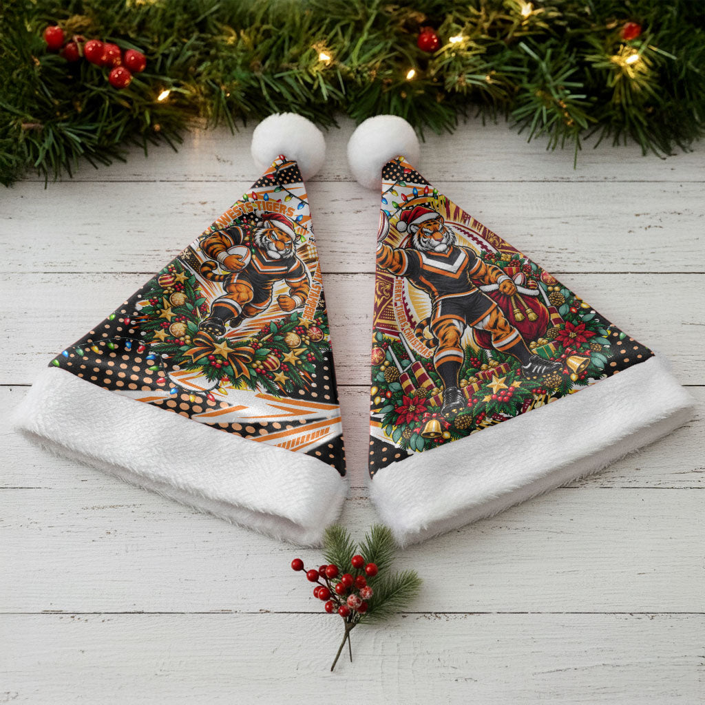 Wests Tigers Rugby Christmas Santa Hat Holiday Mascot Graphic Art Festive Lights Bow