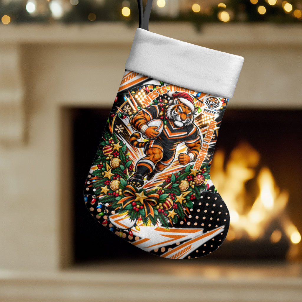 Wests Tigers Rugby Christmas Stocking Holiday Mascot Graphic Art Festive Lights Bow