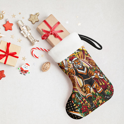 Wests Tigers Rugby Christmas Stocking Holiday Mascot Graphic Art Festive Lights Bow