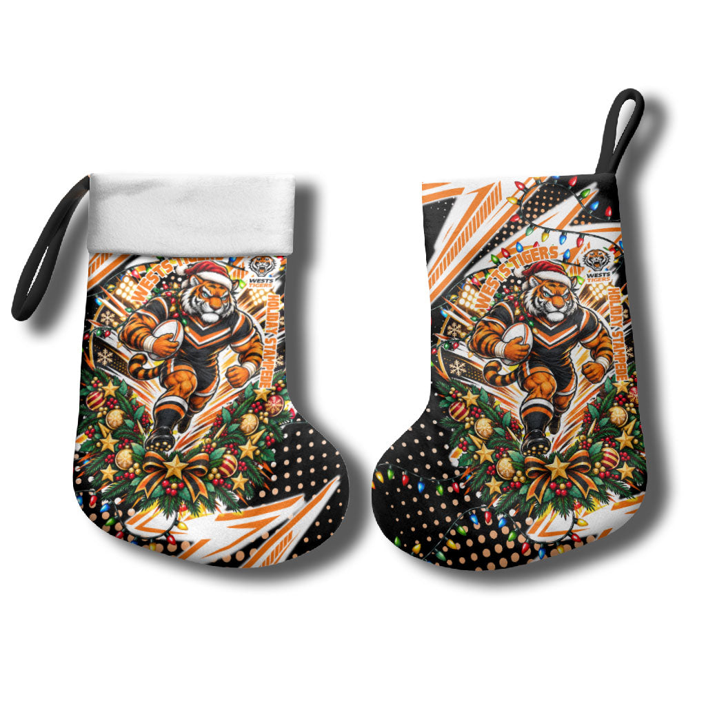 Wests Tigers Rugby Christmas Stocking Holiday Mascot Graphic Art Festive Lights Bow