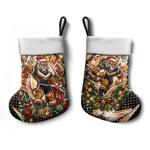 Wests Tigers Rugby Christmas Stocking Holiday Mascot Graphic Art Festive Lights Bow