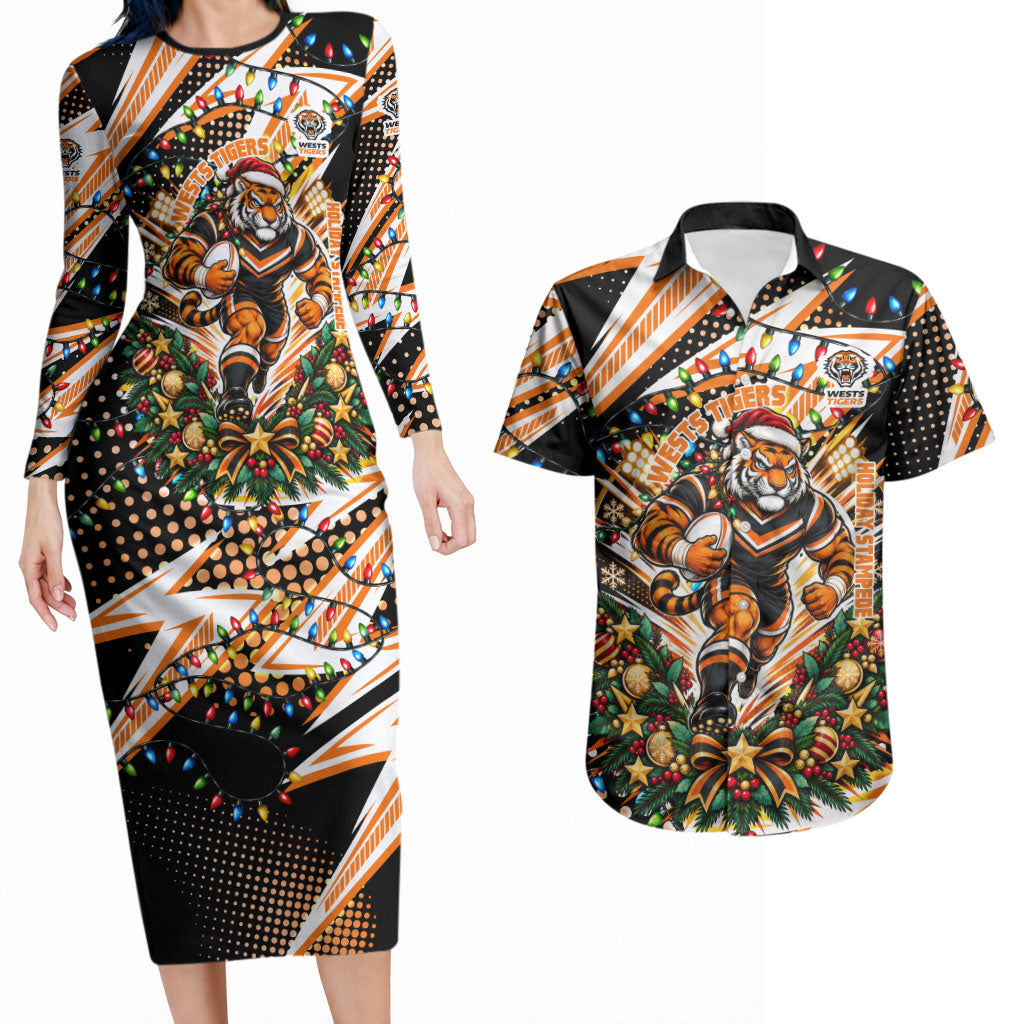 Personalized Wests Tigers Rugby Christmas Couples Matching Long Sleeve Bodycon Dress and Hawaiian Shirt Holiday Mascot Graphic Art Festive Lights Bow