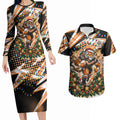 Personalized Wests Tigers Rugby Christmas Couples Matching Long Sleeve Bodycon Dress and Hawaiian Shirt Holiday Mascot Graphic Art Festive Lights Bow