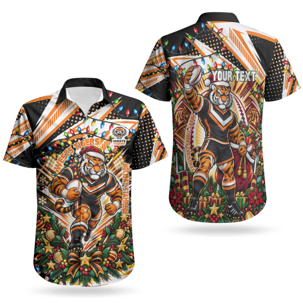 Personalized Wests Tigers Rugby Christmas Couples Matching Long Sleeve Bodycon Dress and Hawaiian Shirt Holiday Mascot Graphic Art Festive Lights Bow