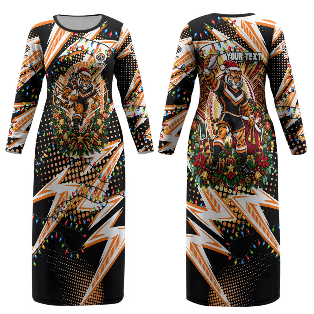 Personalized Wests Tigers Rugby Christmas Couples Matching Long Sleeve Bodycon Dress and Hawaiian Shirt Holiday Mascot Graphic Art Festive Lights Bow