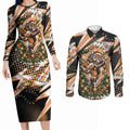 Personalized Wests Tigers Rugby Christmas Couples Matching Long Sleeve Bodycon Dress and Long Sleeve Button Shirt Holiday Mascot Graphic Art Festive Lights Bow