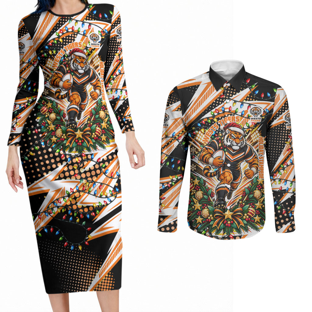 Personalized Wests Tigers Rugby Christmas Couples Matching Long Sleeve Bodycon Dress and Long Sleeve Button Shirt Holiday Mascot Graphic Art Festive Lights Bow