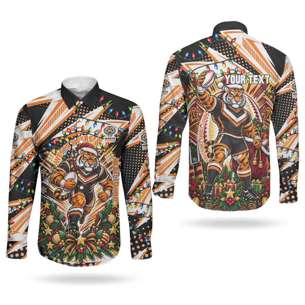 Personalized Wests Tigers Rugby Christmas Couples Matching Long Sleeve Bodycon Dress and Long Sleeve Button Shirt Holiday Mascot Graphic Art Festive Lights Bow