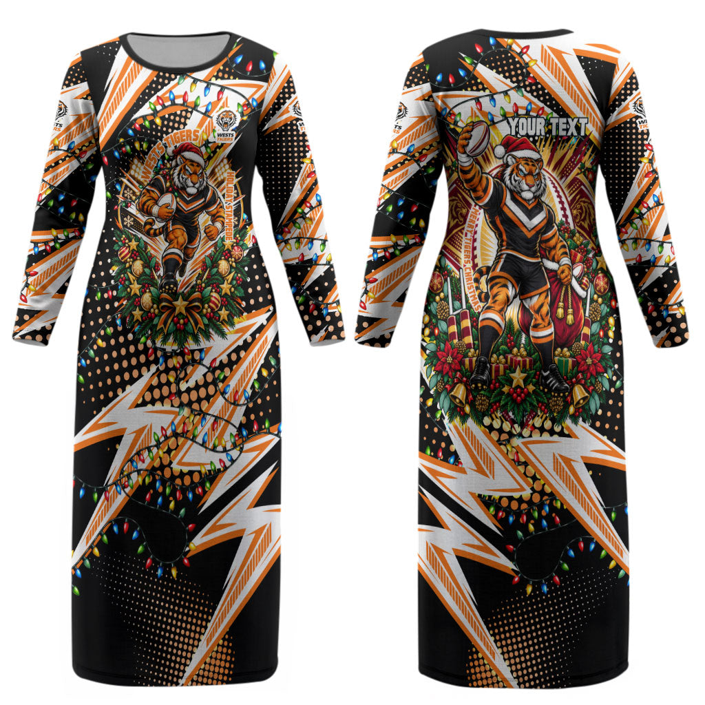 Personalized Wests Tigers Rugby Christmas Couples Matching Long Sleeve Bodycon Dress and Long Sleeve Button Shirt Holiday Mascot Graphic Art Festive Lights Bow