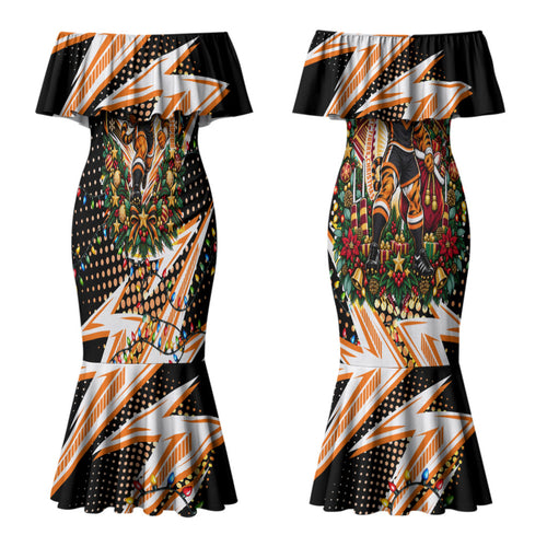 Personalized Wests Tigers Rugby Christmas Couples Matching Mermaid Dress and Hawaiian Shirt Holiday Mascot Graphic Art Festive Lights Bow