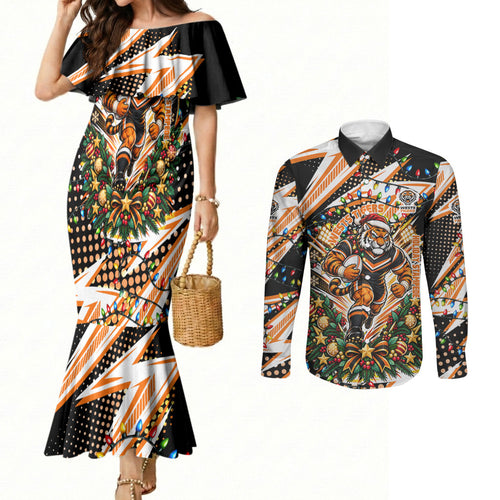 Personalized Wests Tigers Rugby Christmas Couples Matching Mermaid Dress and Long Sleeve Button Shirt Holiday Mascot Graphic Art Festive Lights Bow