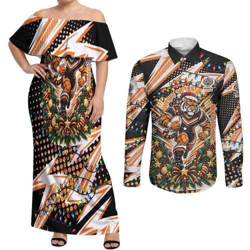 Personalized Wests Tigers Rugby Christmas Couples Matching Off Shoulder Maxi Dress and Long Sleeve Button Shirt Holiday Mascot Graphic Art Festive Lights Bow