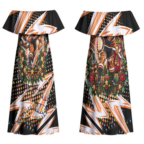 Personalized Wests Tigers Rugby Christmas Couples Matching Off Shoulder Maxi Dress and Long Sleeve Button Shirt Holiday Mascot Graphic Art Festive Lights Bow
