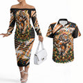 Personalized Wests Tigers Rugby Christmas Couples Matching Off The Shoulder Long Sleeve Dress and Hawaiian Shirt Holiday Mascot Graphic Art Festive Lights Bow