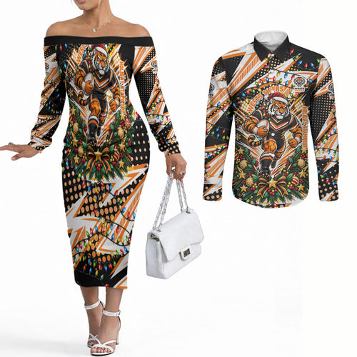 Personalized Wests Tigers Rugby Christmas Couples Matching Off The Shoulder Long Sleeve Dress and Long Sleeve Button Shirt Holiday Mascot Graphic Art Festive Lights Bow