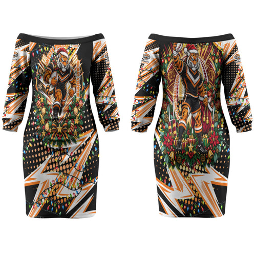 Personalized Wests Tigers Rugby Christmas Couples Matching Off The Shoulder Long Sleeve Dress and Long Sleeve Button Shirt Holiday Mascot Graphic Art Festive Lights Bow