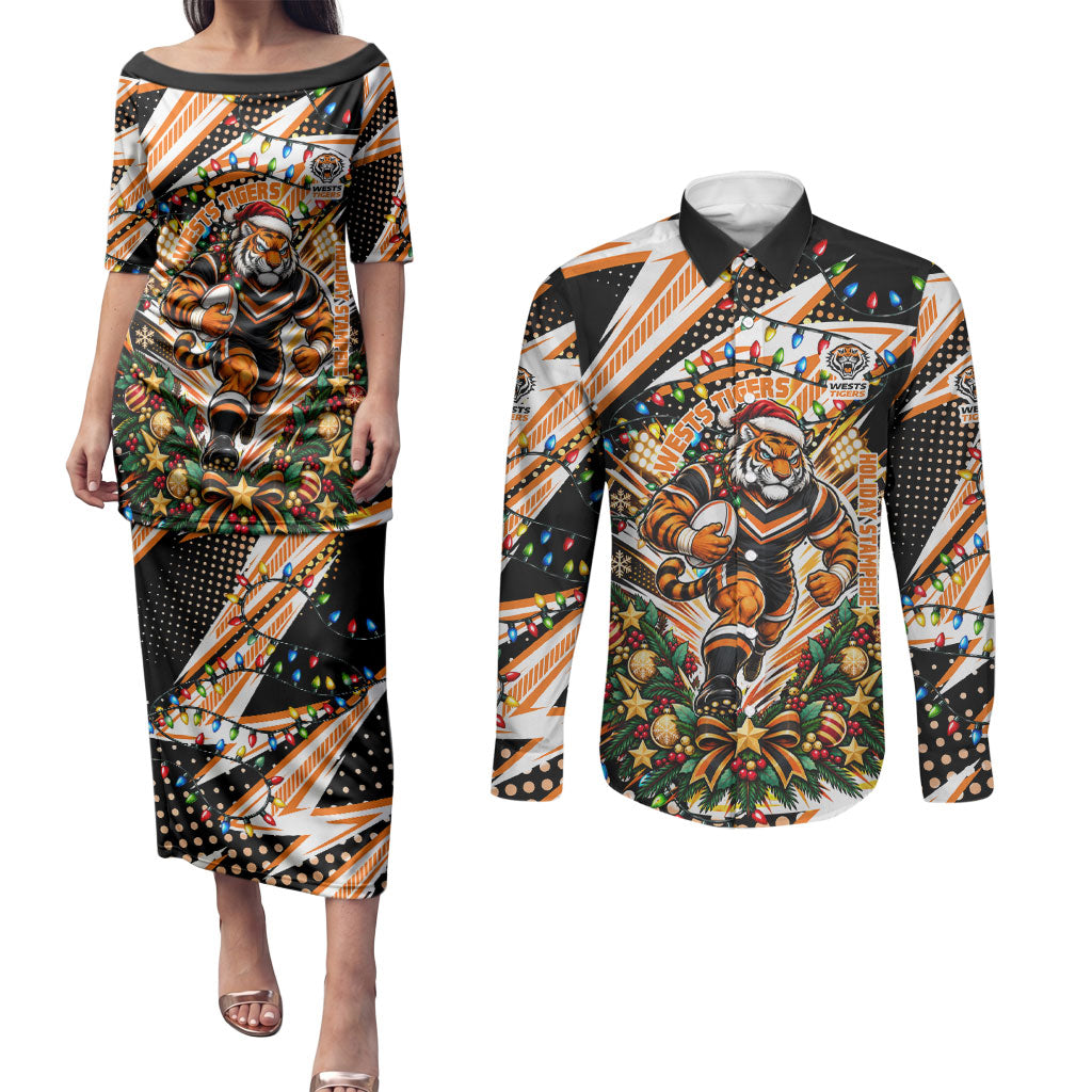 Personalized Wests Tigers Rugby Christmas Couples Matching Puletasi and Long Sleeve Button Shirt Holiday Mascot Graphic Art Festive Lights Bow
