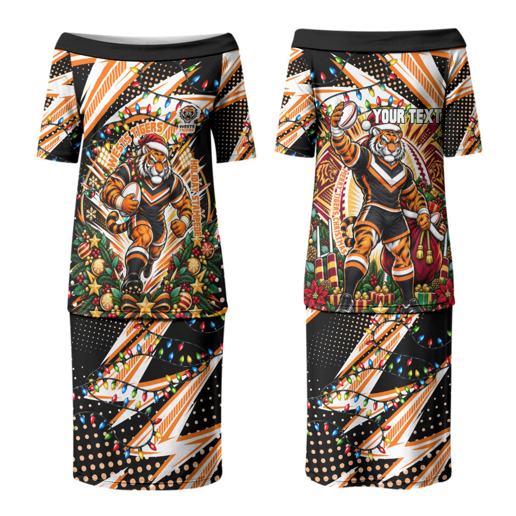 Personalized Wests Tigers Rugby Christmas Couples Matching Puletasi and Long Sleeve Button Shirt Holiday Mascot Graphic Art Festive Lights Bow