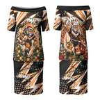 Personalized Wests Tigers Rugby Christmas Couples Matching Puletasi and Long Sleeve Button Shirt Holiday Mascot Graphic Art Festive Lights Bow