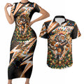 Personalized Wests Tigers Rugby Christmas Couples Matching Short Sleeve Bodycon Dress and Hawaiian Shirt Holiday Mascot Graphic Art Festive Lights Bow