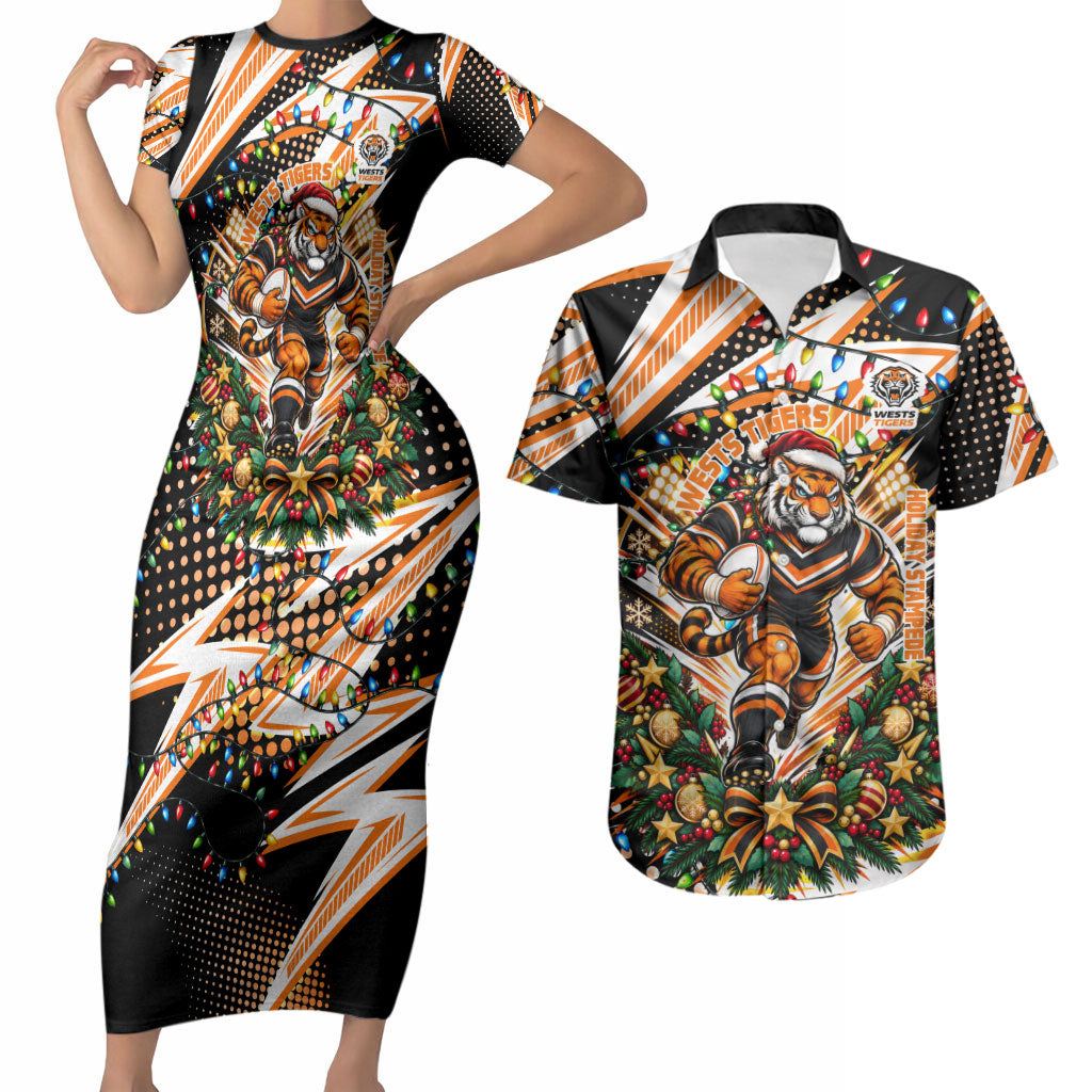 Personalized Wests Tigers Rugby Christmas Couples Matching Short Sleeve Bodycon Dress and Hawaiian Shirt Holiday Mascot Graphic Art Festive Lights Bow