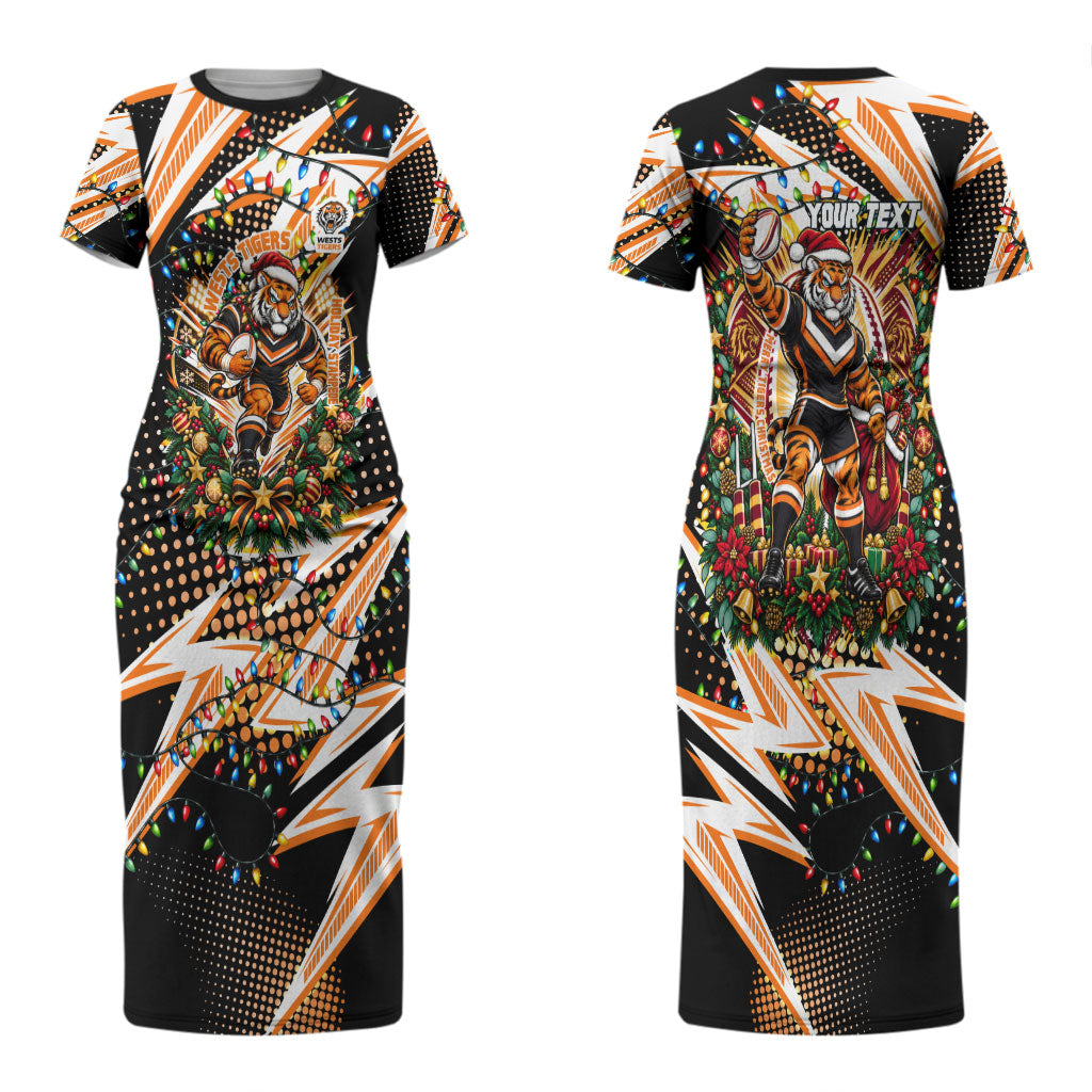 Personalized Wests Tigers Rugby Christmas Couples Matching Short Sleeve Bodycon Dress and Hawaiian Shirt Holiday Mascot Graphic Art Festive Lights Bow