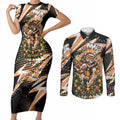 Personalized Wests Tigers Rugby Christmas Couples Matching Short Sleeve Bodycon Dress and Long Sleeve Button Shirt Holiday Mascot Graphic Art Festive Lights Bow