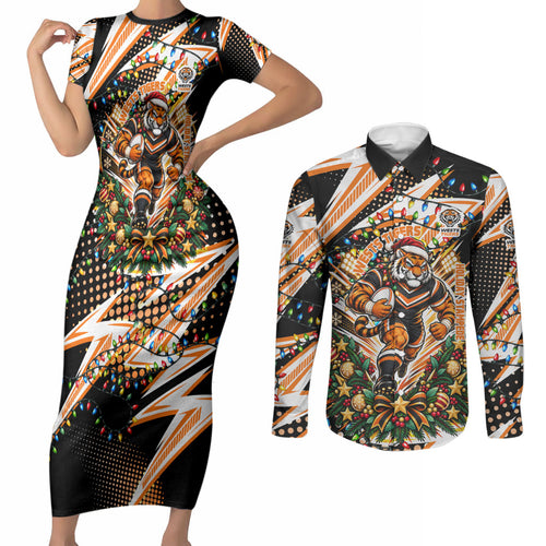 Personalized Wests Tigers Rugby Christmas Couples Matching Short Sleeve Bodycon Dress and Long Sleeve Button Shirt Holiday Mascot Graphic Art Festive Lights Bow