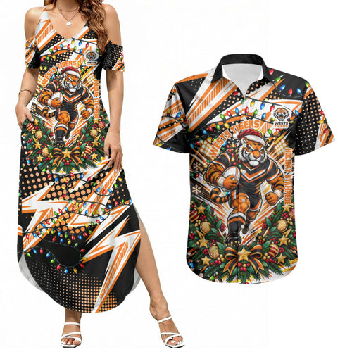 Personalized Wests Tigers Rugby Christmas Couples Matching Summer Maxi Dress and Hawaiian Shirt Holiday Mascot Graphic Art Festive Lights Bow