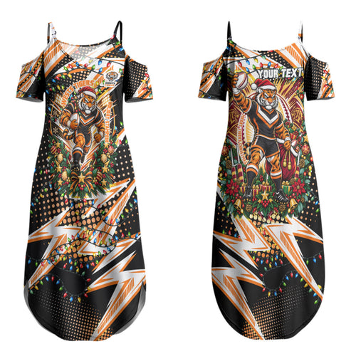 Personalized Wests Tigers Rugby Christmas Couples Matching Summer Maxi Dress and Hawaiian Shirt Holiday Mascot Graphic Art Festive Lights Bow