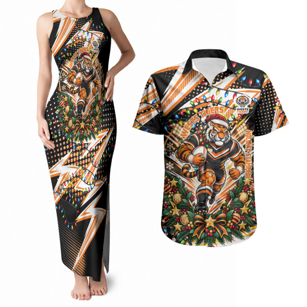 Personalized Wests Tigers Rugby Christmas Couples Matching Tank Maxi Dress and Hawaiian Shirt Holiday Mascot Graphic Art Festive Lights Bow