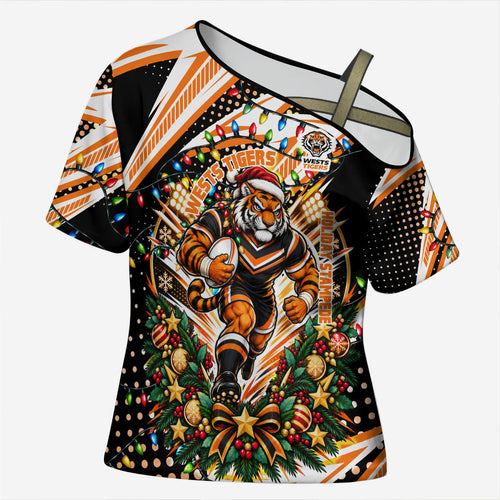 Personalized Wests Tigers Rugby Christmas Cross Shoulder Shirt Holiday Mascot Graphic Art Festive Lights Bow