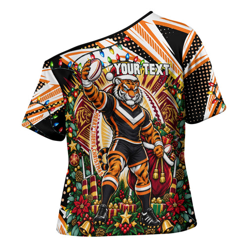 Personalized Wests Tigers Rugby Christmas Cross Shoulder Shirt Holiday Mascot Graphic Art Festive Lights Bow