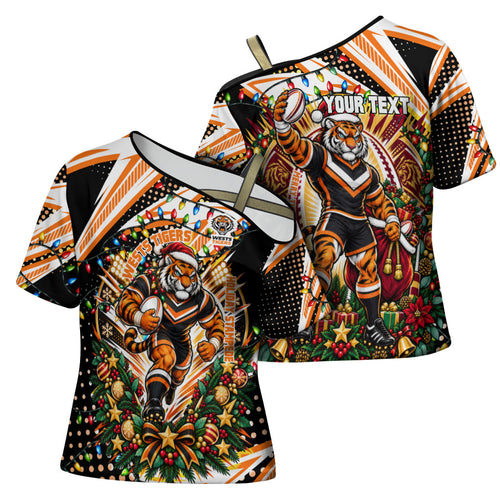 Personalized Wests Tigers Rugby Christmas Cross Shoulder Shirt Holiday Mascot Graphic Art Festive Lights Bow