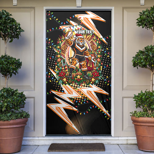 Personalized Wests Tigers Rugby Christmas Door Cover Holiday Mascot Graphic Art Festive Lights Bow