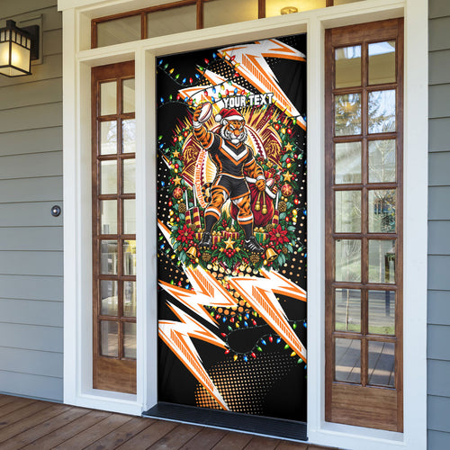 Personalized Wests Tigers Rugby Christmas Door Cover Holiday Mascot Graphic Art Festive Lights Bow