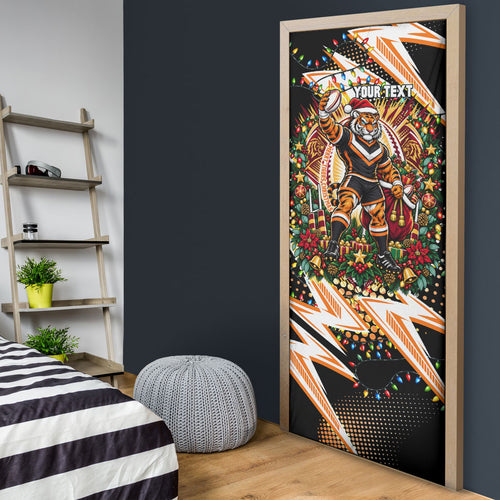 Personalized Wests Tigers Rugby Christmas Door Cover Holiday Mascot Graphic Art Festive Lights Bow