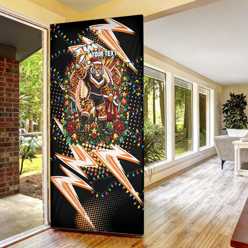 Personalized Wests Tigers Rugby Christmas Door Cover Holiday Mascot Graphic Art Festive Lights Bow